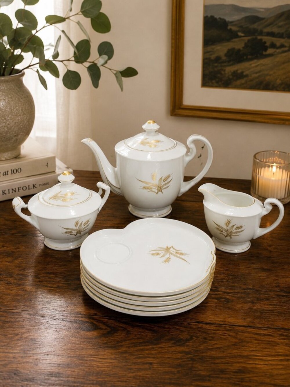 VTG Hakusan China Japan Tea Set w/ 6 Snack Plates Gold Wheat Pattern Bone China